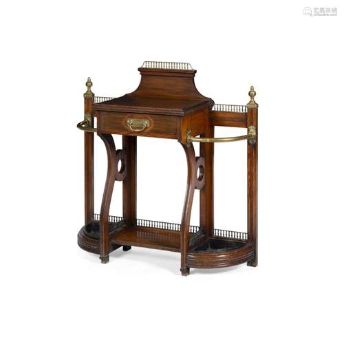 VICTORIAN OAK AND BRASS MOUNTED HALL STAND, BY JAMES SHOOLBRED & CO.19TH CENTURY comprising a centre