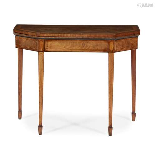 LATE GEORGE III SATINWOOD, WALNUT AND ROSEWOOD CARD TABLE18TH CENTURY the canted rectangular fold-