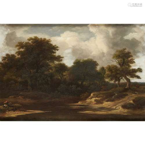 PHILIP REINAGLE R.A. (BRITISH 1749-1833)A WOODED RIVER LANDSCAPE WITH FORD Signed, oil on panel25.