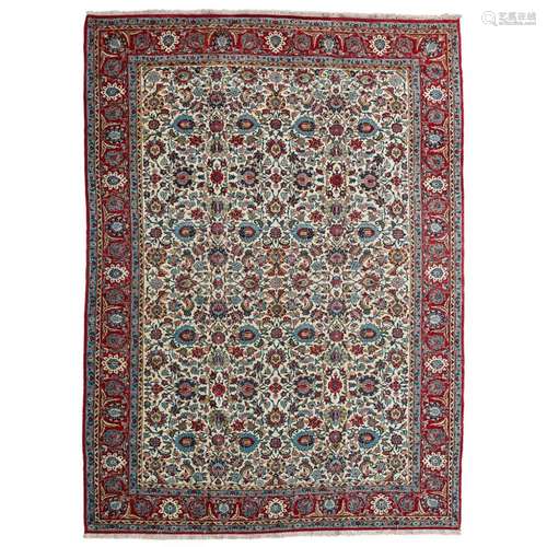 QUM CARPETCENTRAL PERSIA, MID 20TH CENTURY the cream field with allover palmette and vine pattern,