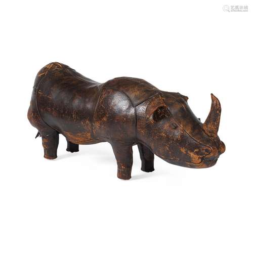 OMERSA LEATHER RHINO STOOL, RETAILED BY LIBERTY & CO.1930S covered in brown cowhide110cm long,