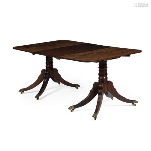 REGENCY TWIN PEDESTAL MAHOGANY DINING TABLE19TH CENTURY WITH ALTERATIONS with one leaf extension,