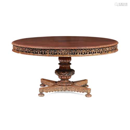 ANGLO-INDIAN ROSEWOOD CENTRE TABLE19TH CENTURY the circular top with moulded rim over a pierced