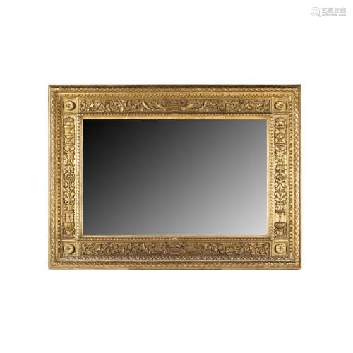 FLORENTINE CARVED GILTWOOD AND GESSO OVERMANTEL MIRROR19TH CENTURY the rectangular bevelled mirror