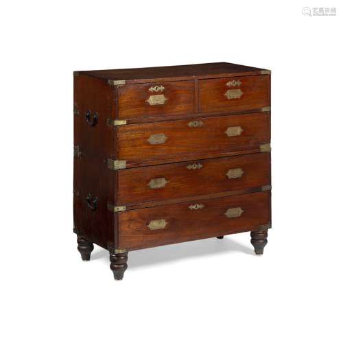 TEAK CAMPAIGN CHEST OF DRAWERS19TH CENTURY in two parts, the upper section with two short and a long