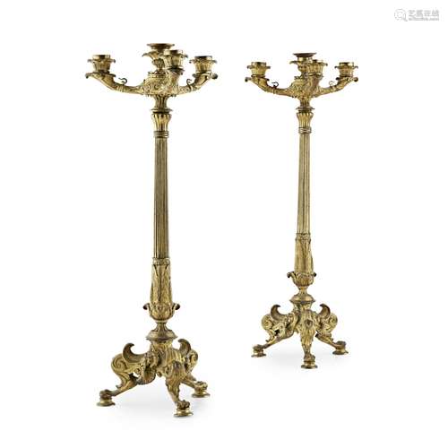 PAIR OF FRENCH EMPIRE GILT BRONZE CANDELABRA19TH CENTURY with central sconces enclosed by three