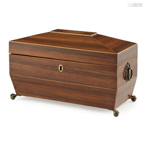 REGENCY MAHOGANY TEA CADDYEARLY 19TH CENTURY of sarcophagus form, with a shell patera to the lid