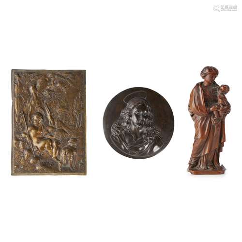 GROUP OF THREE RELIGIOUS WAREScomprising an Italian gilt bronze plaque of St. John the Baptist, 14.