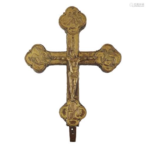 ITALIAN GILT BRASS CRUCIFIXEARLY 16TH CENTURY the central figure of Christ enclosed by four