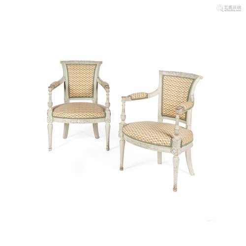 PAIR OF GREY PAINTED GUSTAVIAN ARMCHAIRSEARLY 19TH CENTURY the padded square scroll backs and