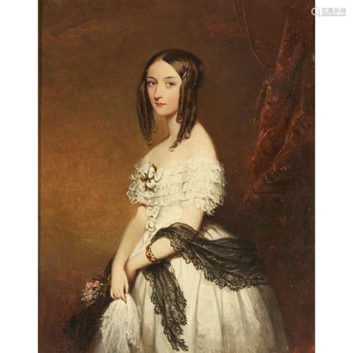 ATTRIBUTED TO SIR FRANCIS GRANTTHREE QUARTER LENGTH PORTRAIT OF A YOUNG LADY IN WHITE Oil on