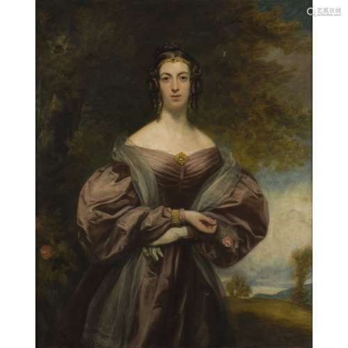 FOLLOWER OF SIR FRANCIS GRANTTHREE-QUARTER LENGTH PORTRAIT OF JESSIE DUFF HOLDING A ROSE Signed with