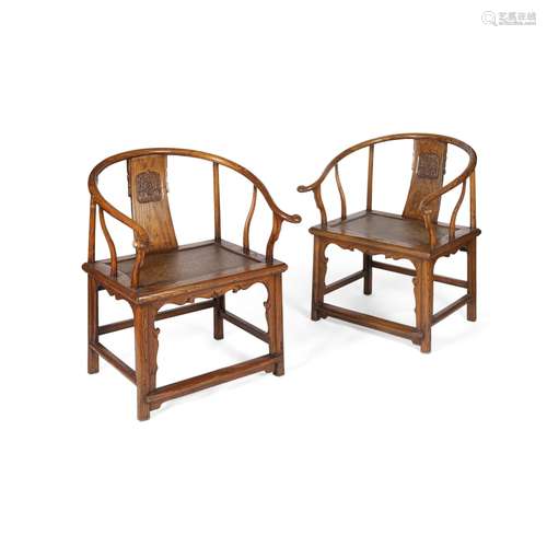 PAIR OF CHINESE NORTHERN ELM (YUMU) HORSESHOE BACK ARMCHAIRS19TH CENTURY the crest rail ending in