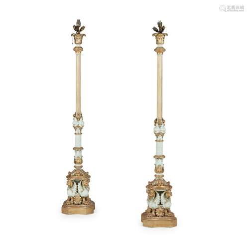 PAIR OF REGENCY PARCEL GILT AND PAINTED STANDARD LAMPS19TH CENTURY the acanthus moulded capitals