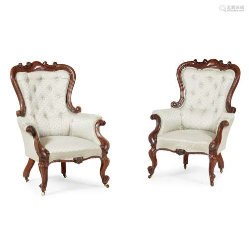 PAIR OF VICTORIAN WALNUT FRAMED BUTTON UPHOLSTERED ARMCHAIRS19TH CENTURY the moulded buttoned