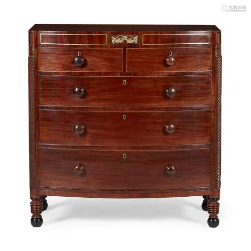 IRISH REGENCY MAHOGANY BRASS INLAID BOWFRONT CHEST OF DRAWERS19TH CENTURY the brass inlaid frieze