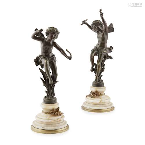 AFTER RANCOULET, PAIR OF BRONZE WINGED FIGURES19TH CENTURY dark brown patina, one holding a broken