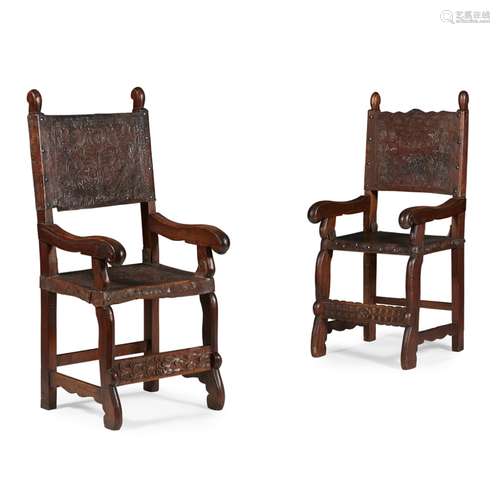 PAIR OF SPANISH OAK AND LEATHER ARMCHAIRSEARLY 18TH CENTURY with tooled leather backs and seats