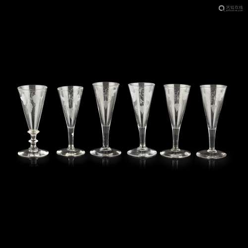 SIX GEORGIAN ETCHED ALE GLASSES18TH CENTURY with flared bowls engraved with barley and hops, five on