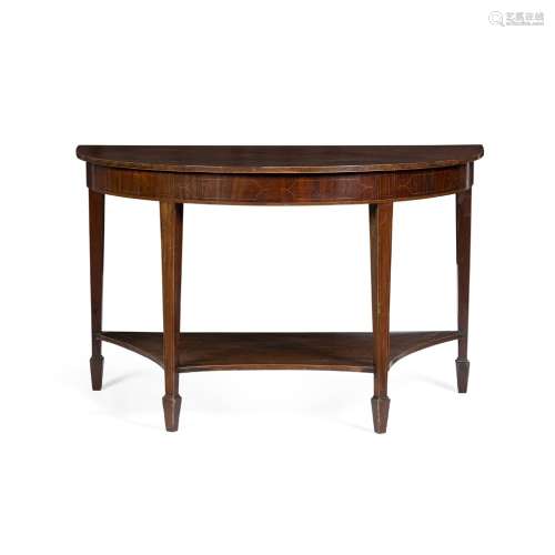 LATE GEORGIAN MAHOGANY DEMILUNE SERVING TABLEEARLY 19TH CENTURY the top with chequer banding above a