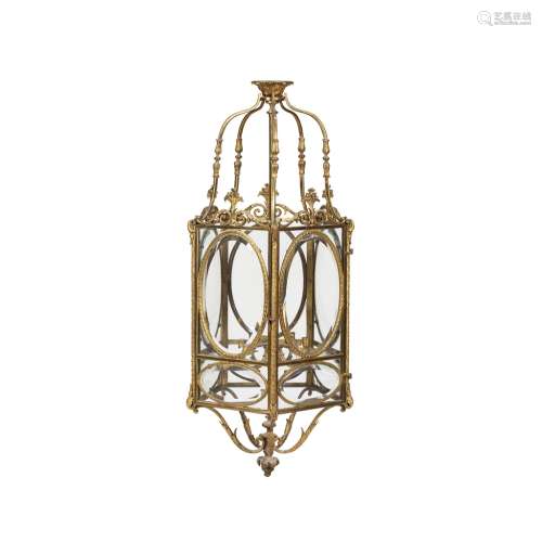 LARGE NEOCLASSICAL STYLE BRASS HALL LANTERNEARLY 19TH CENTURY the leaf-clasped scrolled supports