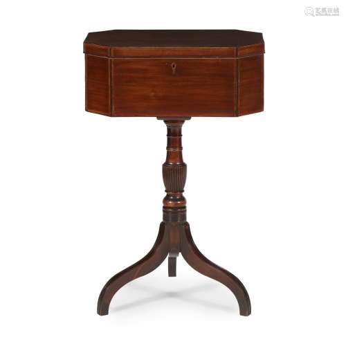 GEORGE III MAHOGANY TRIPOD WORKBOXEARLY 19TH CENTURY the canted rectangular top opening to reveal