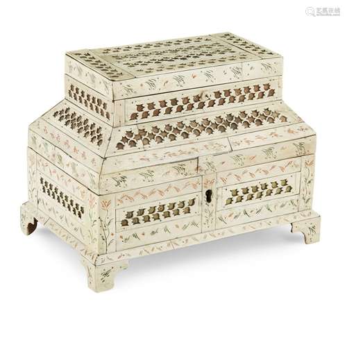 RUSSIAN BONE VENEERED TABLE CASKETPROBABLY ARKANGEL, 19TH CENTURY with upper and lower hinged