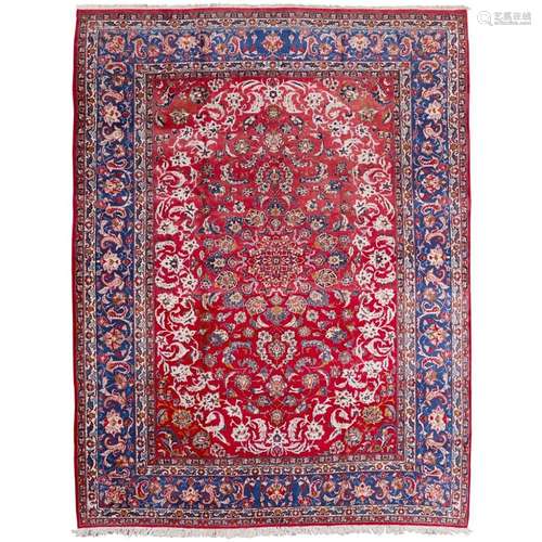 ISFAHAN CARPETCENTRAL PERSIA, MODERN the red field with small cream lattice medallion, cream foliate