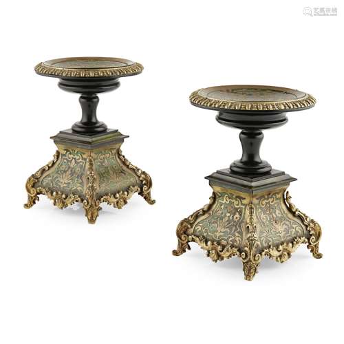 PAIR OF FRENCH GREEN BOULLE TAZZAS19TH CENTURY the dished tops on baluster stems all raised on