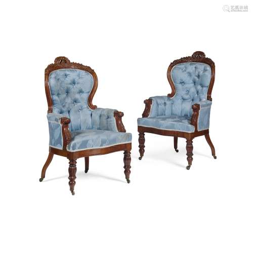 PAIR OF EARLY VICTORIAN MAHOGANY ARMCHAIRSMID 19TH CENTURY the spoon shaped button upholstered backs