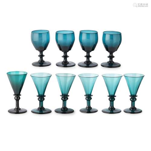 SET OF SIX VICTORIAN GREEN WINE GLASSESMID-19TH CENTURY with conical bowls above annular and rounded