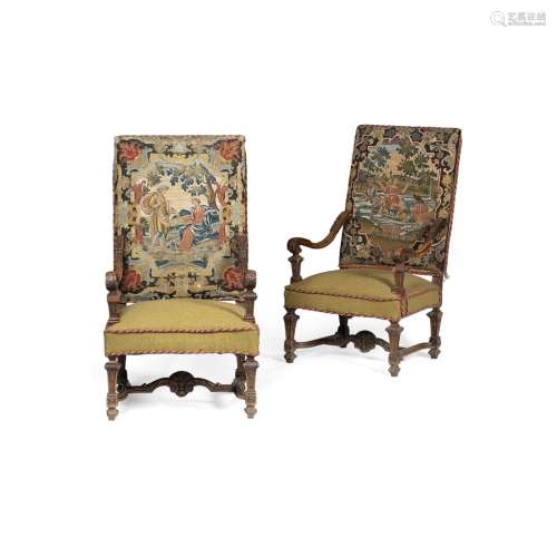 PAIR OF FRENCH REGENCE STYLE WALNUT ARMCHAIRS19TH CENTURY, THE NEEDLEWORK 18TH CENTURY the