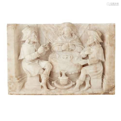 MALINES CARVED ALABASTER PLAQUE17TH CENTURY in high relief, depicting three seated men in cloaks and