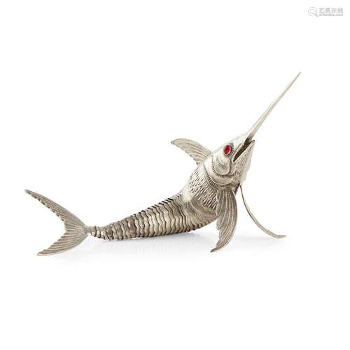 SPANISH SILVER ARTICULATED MODEL OF A SWORDFISH20TH CENTURY with red glass eyes, the tail