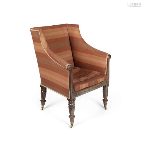 REGENCY MAHOGANY UPHOLSTERED ARMCHAIREARLY 19TH CENTURY the square back and sloping enclosed sides