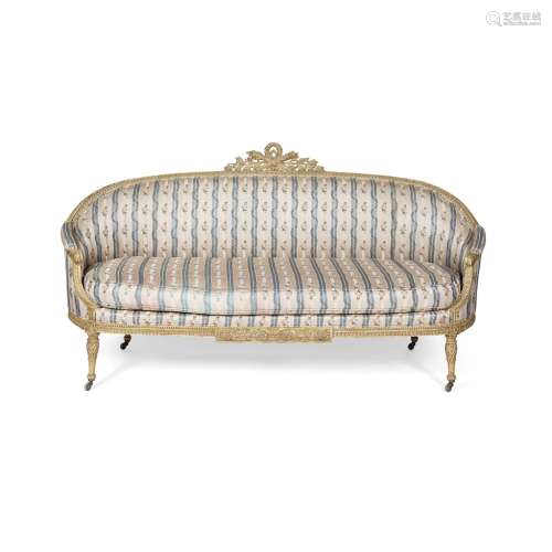 LOUIS XVI STYLE PAINTED SOFA EN CABRIOLELATE 19TH CENTURY the white painted frame carved with