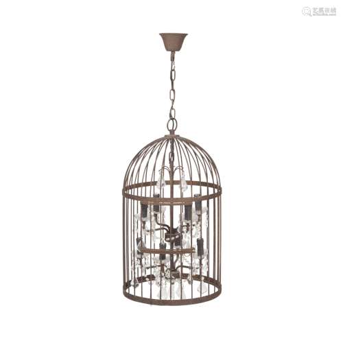 BRASS AND GLASS BIRDCAGE CEILING LIGHT20TH CENTURY, MADE UP of typical domed form, enclosing four