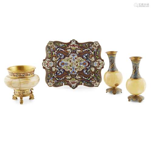 GROUP OF FRENCH CHAMPLEVÉ WARES19TH CENTURY comprising an onyx and gilt metal censor, with enamelled