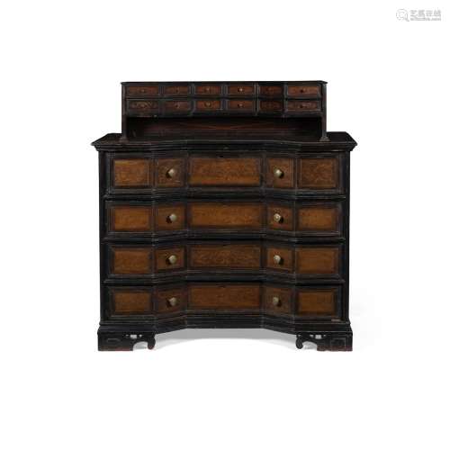 NORTH ITALIAN WALNUT, EBONISED AND FRUITWOOD MARQUETRY COMMODELATE 17TH CENTURY of inverted