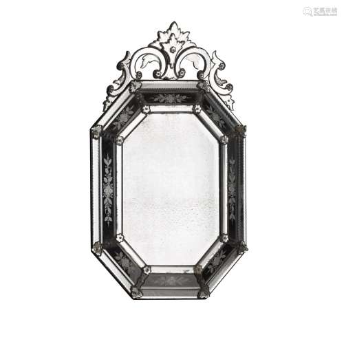 VENETIAN MIRROR19TH CENTURY the octagonal mirror plate within flower etched margin plates and a C