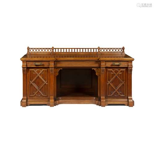 LARGE VICTORIAN JACOBEAN REVIVAL WALNUT SIDEBOARD19TH CENTURY the gallery back above an inverted