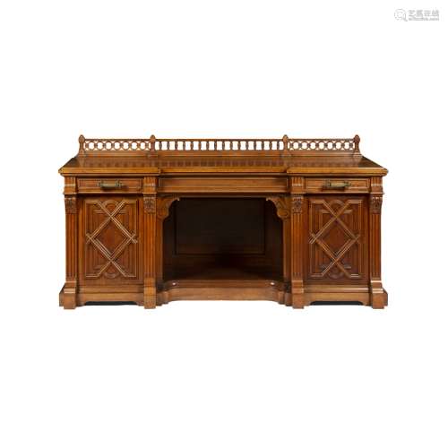 LARGE VICTORIAN JACOBEAN REVIVAL WALNUT SIDEBOARD19TH CENTURY the gallery back above an inverted