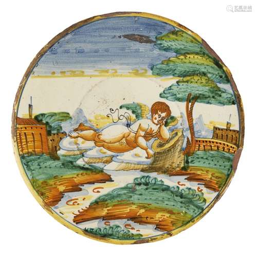 SMALL ITALIAN POLYCHROME MAIOLICA PLATE, MONTELUPOCIRCA 1620-40 with large flattened rim, painted