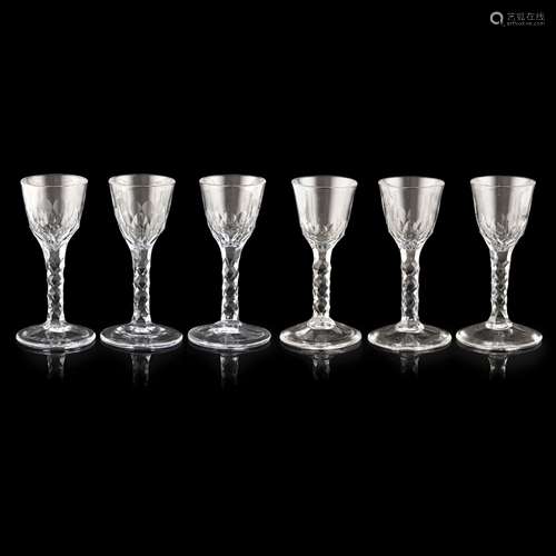 SET OF SIX GEORGIAN FACET CUT WINE GLASSESCIRCA 1770-80 with ovoid bowls with basal facet-cutting,