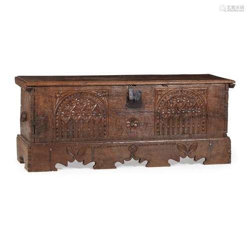 SPANISH CHESTNUT BOARD CHEST17TH CENTURY the hinged rectangular top over a front with twin gothic