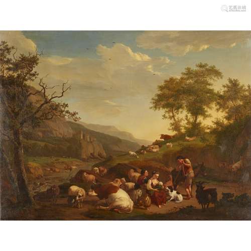 18TH CENTURY FLEMISH SCHOOLA CLASSICAL LANDSCAPE WITH FIGURES AND ANIMALS ON A PATH Oil on