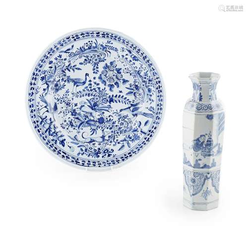 TWO PIECES OF BLUE AND WHITE DELFTWARE18TH CENTURY comprising a charger densely decorated with