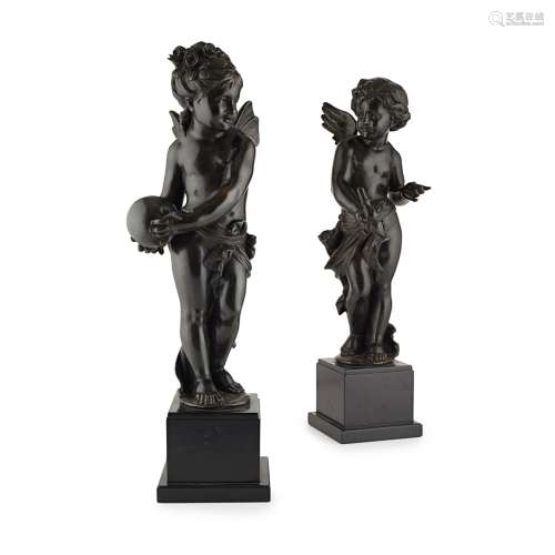 PAIR OF LARGE FRENCH BRONZE FIGURES OF CUPID AND PSYCHE, AFTER DENISE DELAVIGNELATE 19TH CENTURY