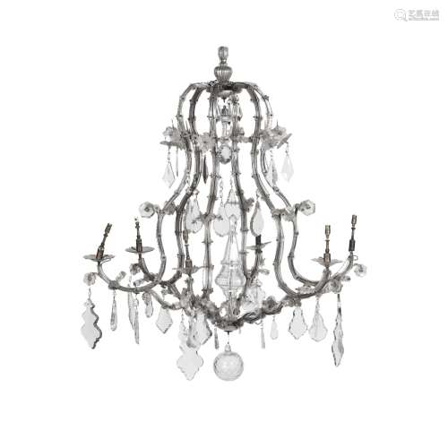 LARGE STEEL AND GLASS BIRDCAGE SIX BRANCH CHANDELIER19TH CENTURY of open design mounted with stars