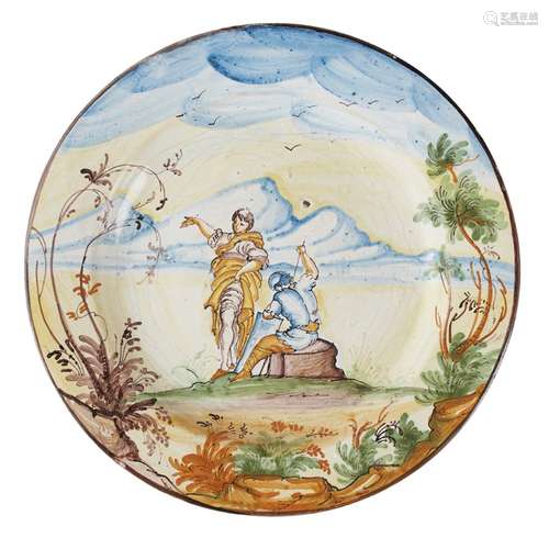 ITALIAN POLYCHROME MAIOLICA PLATE, POSSIBLY PAVIALATE 17TH/ EARLY 18TH CENTURY with flattened rim,